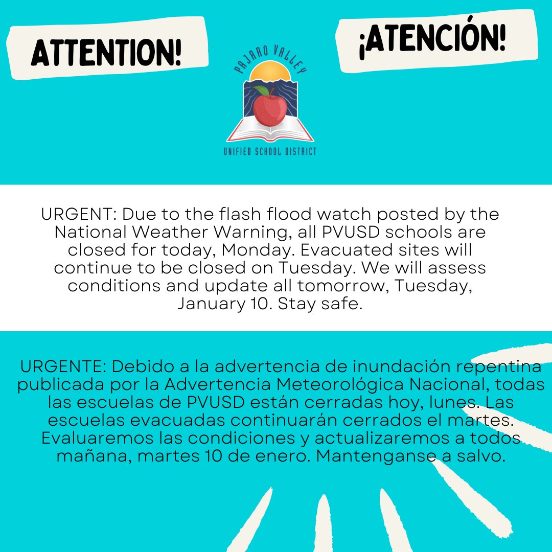 Pajaro Valley Unified School District (@pajarovalleyusd) on Twitter photo URGENT: Due to issued Flash Flood Warning, all PVUSD schools closed for today, Monday.
URGENTE: Todas las escuelas de PVUSD cierran hoy, lunes, debido a la advertencia de inundación repentina emitida.
<a href="/mlrod32/">Dr. Michelle Rodriguez</a> <a href="/PVFT/">PVFT</a> <a href="/pvusd_merit/">PVUSD Personnel Commission</a> <a href="/Pvusdwellness/">PVUSD Family Engagement & Wellness Center</a> <a href="/WatsonvilleCity/">City of Watsonville</a> URGENT: Due to issued Flash Flood Warning, all PVUSD schools closed for today, Monday.
URGENTE: Todas las escuelas de PVUSD cierran hoy, lunes, debido a la advertencia de inundación repentina emitida.
<a href="/mlrod32/">Dr. Michelle Rodriguez</a> <a href="/PVFT/">PVFT</a> <a href="/pvusd_merit/">PVUSD Personnel Commission</a> <a href="/Pvusdwellness/">PVUSD Family Engagement & Wellness Center</a> <a href="/WatsonvilleCity/">City of Watsonville</a>