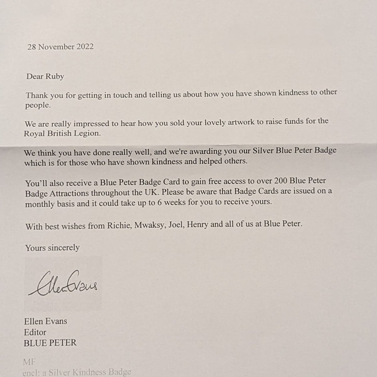 How amazing is this? Ruby, aged 9, has been awarded a #BluePeter badge for her fantastic fundraising efforts during our Poppy Appeal 👏

Inspired by her dad, a British Army veteran, Ruby has raised £700 over the years by selling scones, making cards and designing wood log slices.