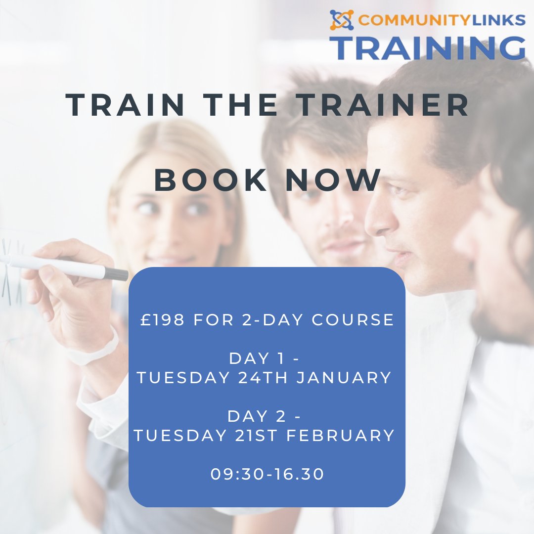 Does your role involve training, education or delivering information? If so, this course from Community Links Training will be integral to improving your skills. Book today via training@commlinks.co.uk
 #CommunityLinksTraining #Training #Leeds #TrainTheTrainer