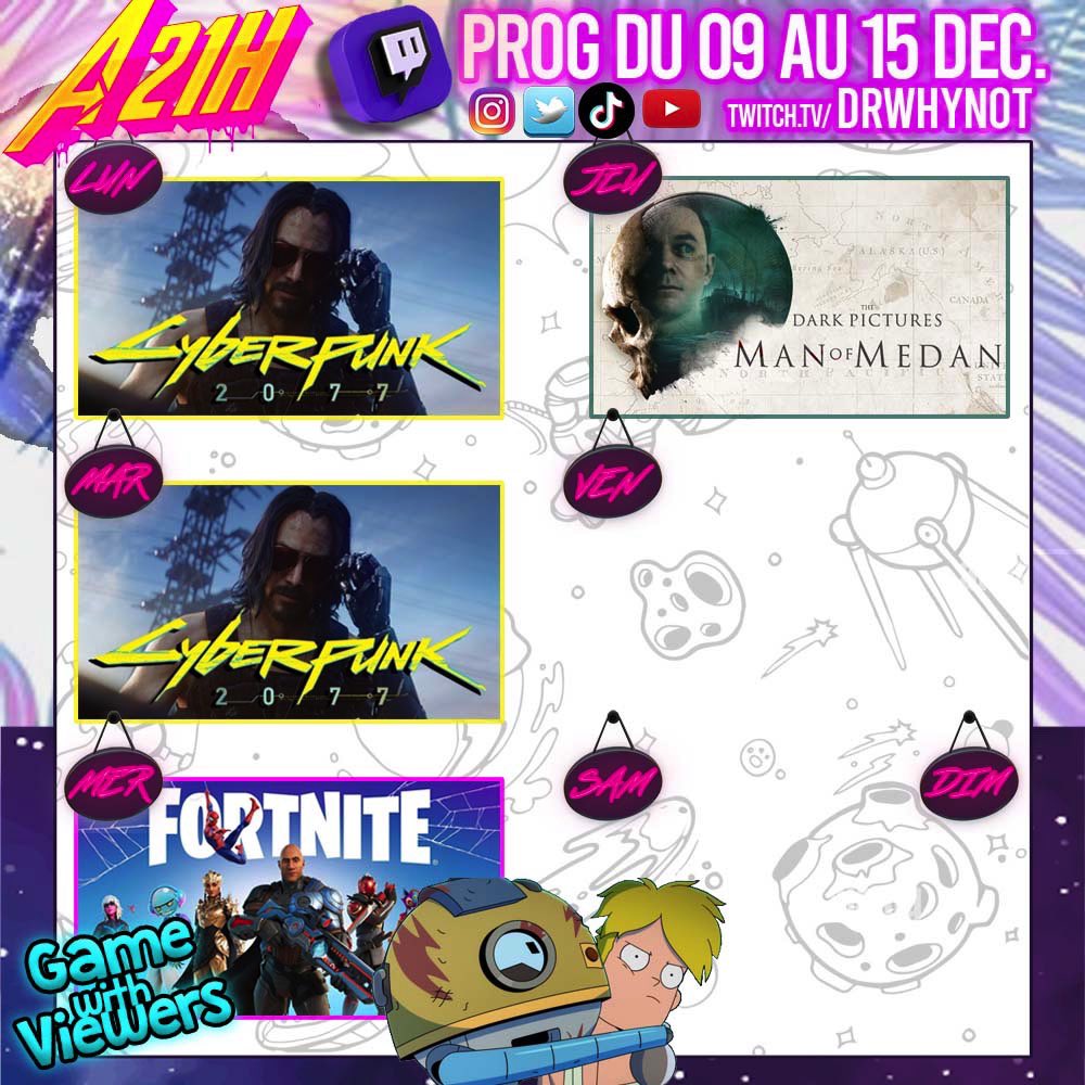 Dr_Why_Not's tweet photo. PLANNING DE LA SEMAINE

Lundi et Mardi on sera de retour à Night city pour la fin de l’aventure
Mercredi #GameWithViewers sur #Fortnite
Jeudi #manofmedan avec @lav0isine 

#twitch #stream #live https://t.co/7a7zEr5E7Y