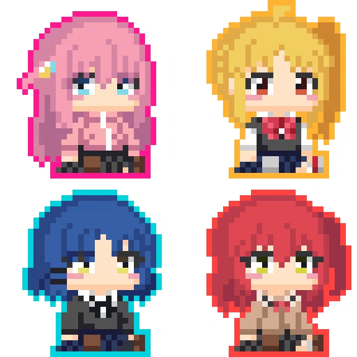 32x32 ぼっち・ざ・ろっく #ドット絵 #ぼっち・ざ・ろっく! #後藤ひとり #伊地知虹夏 #山田リョウ #喜多郁代 #結束バンド #結束バンド(ぼっち・ざ・ろっく!)  