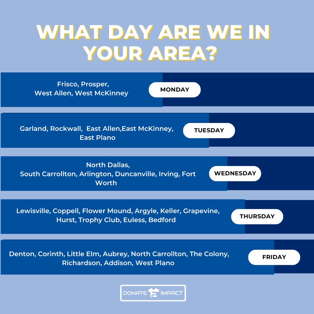 Make sure to check out the days o the week that we are in your area! 
If would like to schedule a pick up, visit our website at donate2impact.com and schedule your pick today!

 #donate #donate2impact #dfw #pickup #donatetoday