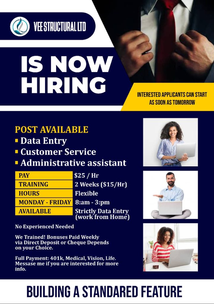 ElizabethVanny's tweet image. Now Hiring!
DATA ENTRY OPERATORS 
My Company needs 50 data operators urgently. 
*Pay $20 per hour .
*Payment every 24 hrs.
*20 Hrs - 45 Hrs  pm if interested +1 407 357 0018 via telegram

Qualifications :
1. You Must be able to read and type English