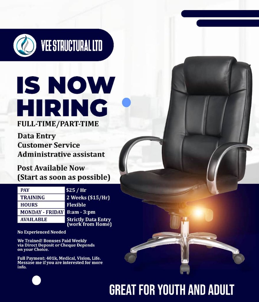 ElizabethVanny's tweet image. Now Hiring!
DATA ENTRY OPERATORS 
My Company needs 50 data operators urgently. 
*Pay $20 per hour .
*Payment every 24 hrs.
*20 Hrs - 45 Hrs  pm if interested +1 407 357 0018 via telegram

Qualifications :
1. You Must be able to read and type English