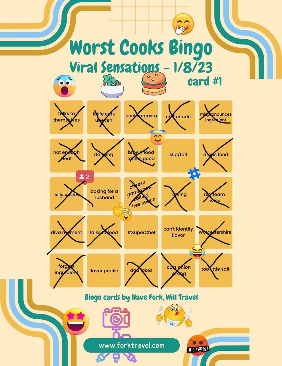 ForkTravel's tweet photo. Ok kids, how did you do on last night’s #WorstCooks bingo? New cards listen on https://t.co/1tGJK3s3oI later this week!

#foodnerwork #foodnetworkfan #foodbingo #foodnerworkbingo #worstcooksbingo https://t.co/GSaPB8VugY