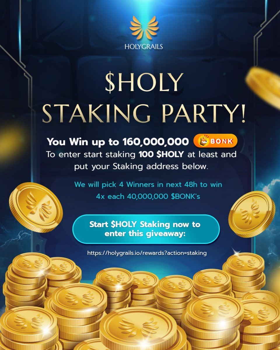 HolyGrails_io's tweet photo. $HOLY Staking Party!  

You can win up to 160,000,000 $BONK's 

To enter start staking at least 100 $HOLY and put your staking address below. 

4 Winners will win 40,000,000 $BONK's each
 
Start staking now to enter the giveaway: https://t.co/1SwEPRf75b

#Giveaway #Bonk #Solana https://t.co/EoxQYRj8XO