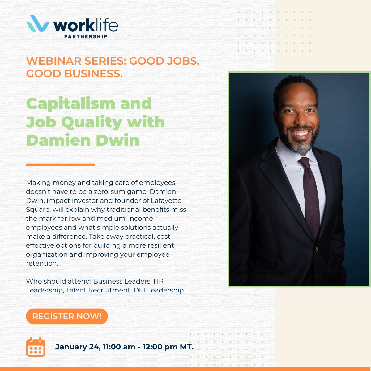 WorkLifePartner's tweet image. Join us for the keynote webinar in our 4-week series on January 24th from 11:00 am - 12:00 pm MT, Capitalism and Job Quality with Damien Dwin. Damien will share why investors are looking to job quality to evaluate businesses. Register here: us06web.zoom.us/webinar/regist…