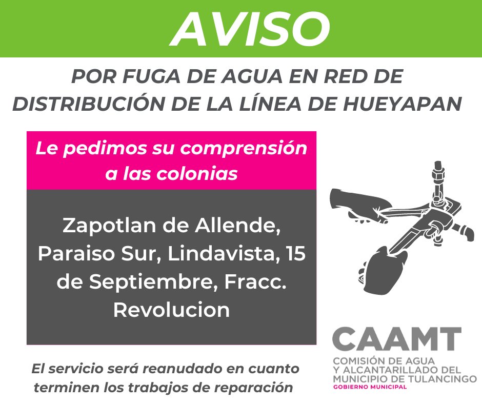 CAAMT_Tgo's tweet photo. AVISO Para los vecinos de los sectores, los compañeros del área de agua potable ya se encuentra trabajando en el desperfecto para darle pronta solución y restablecer el servicio, pedimos paciencia, de antemano agradecemos su comprensión y tiempo. https://t.co/F1jQMqv8BL