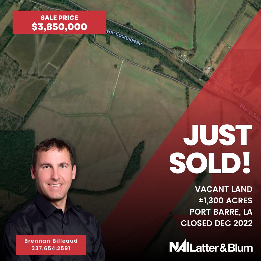 💥Just Sold💥 Congratulations to Brennan Billeaud on his recent sale of  ±1,300 acres in Port Barre, Louisiana! Good work, Brennan! 👏👏
•
•
#cre #land #vacantland #nailatterblum #naiglobal #louisiana
