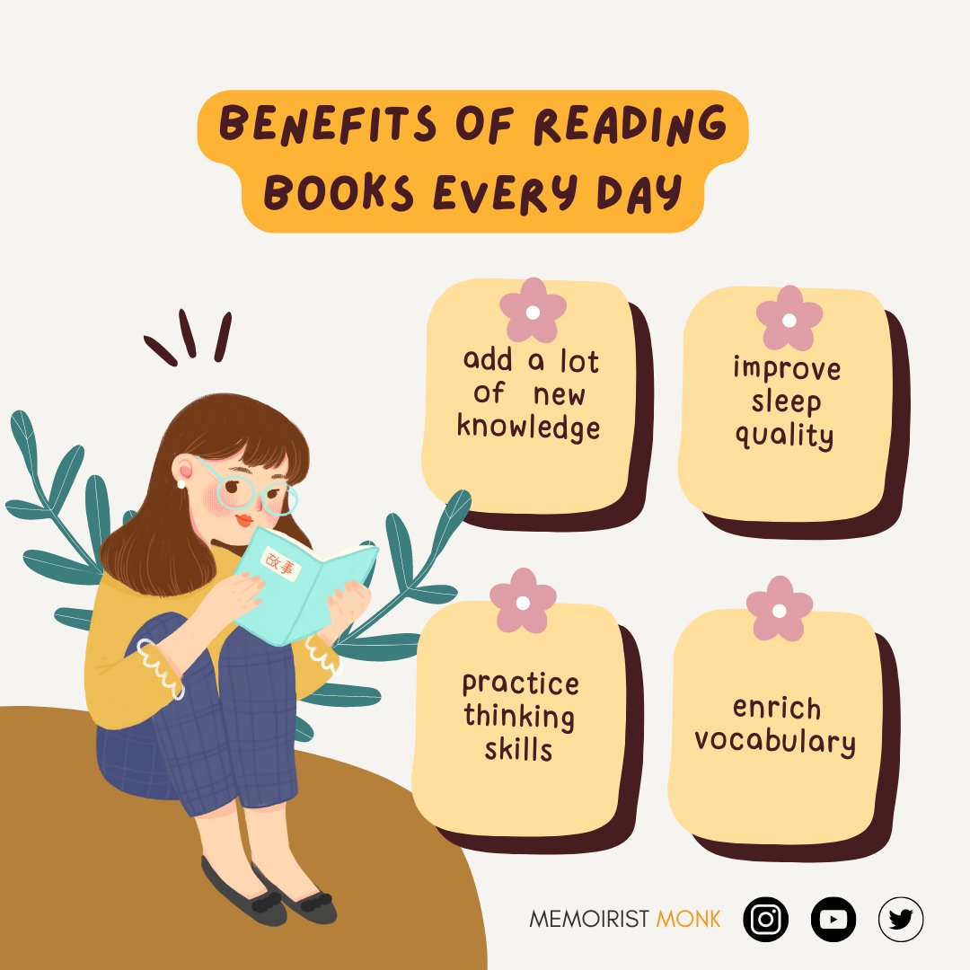 Benefits of reading everyday 📖 ✨

Start reading with Memoirist Monk 📚

#reading #readingtime #readingisfun #readingisfundamental #readingroom #reading #readinglist #readingtime #ReadingWeek #readinglove #readingbook 
#memoiristmonk