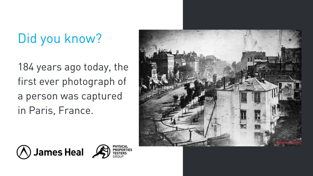 JamesHHeal's tweet image. Did you know?...

184 years ago today, the first ever image of a person was taken, by Louis Daguerre in Paris, France. 

Pictured on the lower left hand-side is a person getting their shoe shined, who is believed to be the first ever to be captured in a photograph.

#photpgraphy