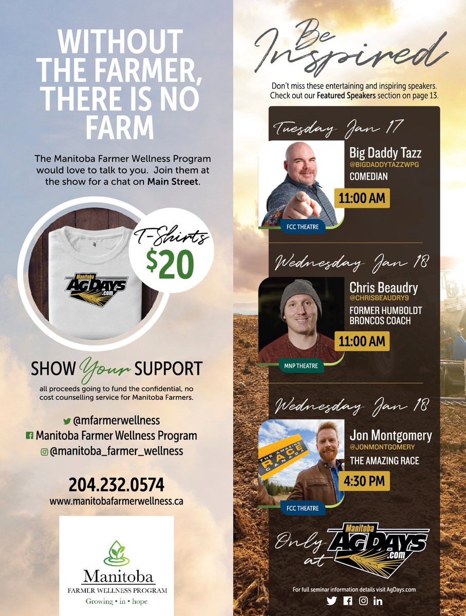 Who doesn't love a new t-shirt?! Stop by our booth at @MBAgDays in Brandon. We will be selling #agdays23 t-shirts and all proceeds will go towards supporting our program of providing free, confidential counselling to Manitoba farm families. We look forward to meeting you!