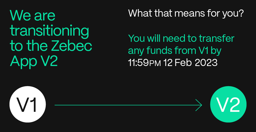 Zebec app 2.0 is here! 🏃‍♀️ It’s faster 🔒 It’s safer 🧹 It’s cleaner What does that mean for you? You will need to transfer your funds from Zebec App V1 to V2 by 11:59PM 12 Feb 2023.