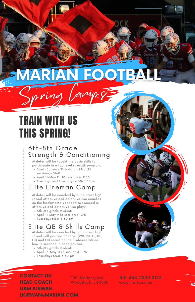 MarianCentralFB's tweet photo. For the first time ever, we are offering winter/spring football camps! This semester we will be offering 3 camps:
Youth Strength &amp; Conditioning
Elite Youth Linemen Camp
Elite Youth QB &amp; Skills Camp
Registration is now open! Follow the link to sign up!
https://t.co/LjRXYoQDtT https://t.co/dC237BtDWn
