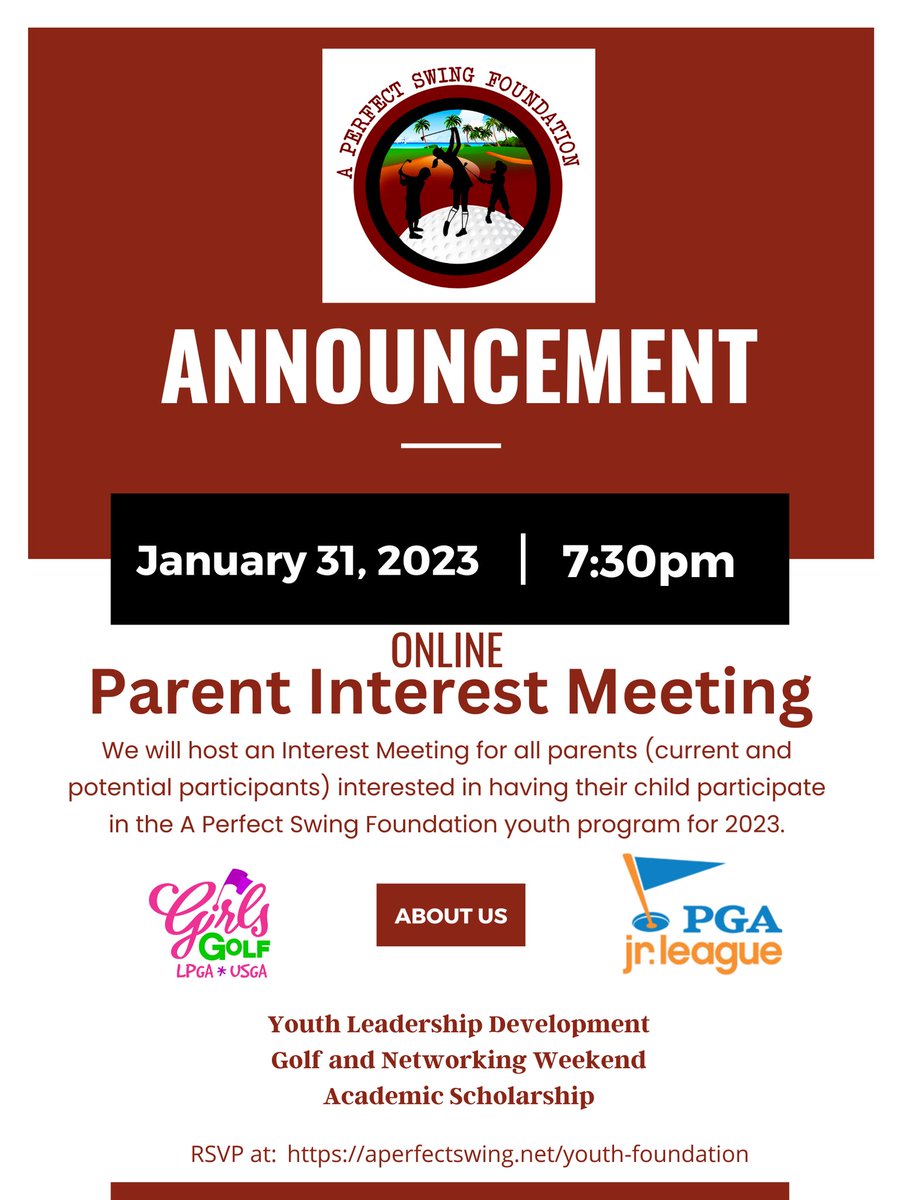 RSVP at aperfectswing.net. 

#aperfectswing #apsfoundation #golf #golfinstruction #golfers #breedingleaders #youthdevelopment #youthleadership #girlsgolf #pgajrleague #gamechanger #charlottegolf #clt #fairwaysforall #growingthegame #InviteHer #GolfRoadWarrior #lpgateachers