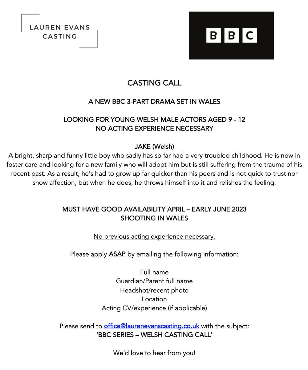 *Casting Opportunity* Please share far and wide. 
This is a wonderful opportunity for a young Welsh boy to appear in a fantastic new 3 x part series for BBC. 🏴󠁧󠁢󠁷󠁬󠁳󠁿#bbccasting #childcasting #kidscasting