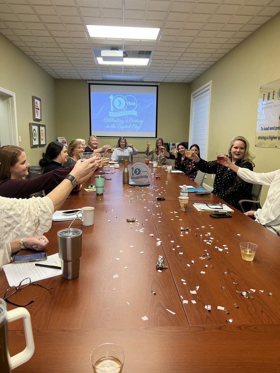 TalChamber's tweet photo. Cheers to 100 years! On January 9, 1923, the Tallahassee Chamber of Commerce opened its doors in the capital city and we couldn't be more grateful! We kicked off the year-long celebration with a toast and team bonding in staff meeting, joined by our Chair, @terrieard! https://t.co/4JQ5KtnVIz