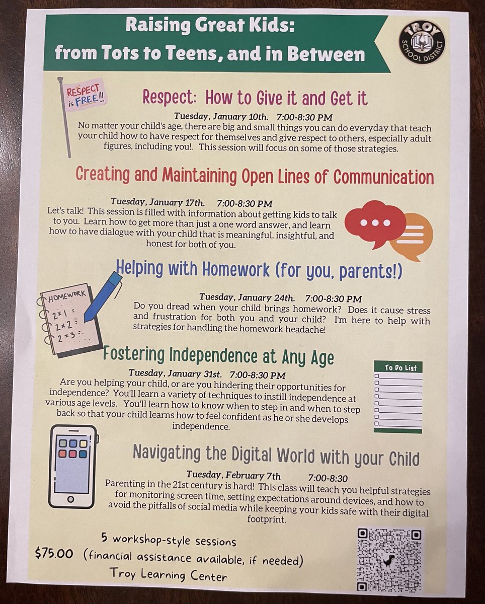 Parents…. Classes start TOMORROW! It’s not too late to sign up! $75.00 for all 5 sessions.  It’s going to be a great learning opportunity! Scan the QR code in the flyer.  ⁦<a href="/troyschools/">TroySchools</a>⁩ ⁦<a href="/OaklandSchools/">Oakland Schools</a>⁩ #parents