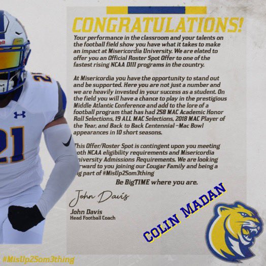 MadanColin's tweet photo. I am blessed to be accepted to @MUCougarsFB #MisUP2som3thing 🔵🟡

@MisericordiaHFC
@Coach_Cottle
@K_Price73
@Coach_McCrann
@Coach_BWiLL21
@coachvogelsang
@CoachRGaskins2 https://t.co/fJFPpuql8H
