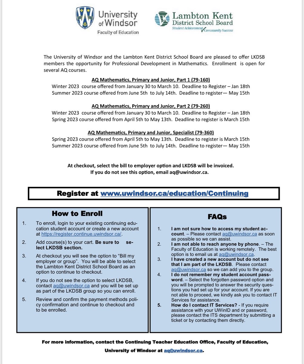 With a new year comes new learning opportunities for any LKDSB teachers interesting in taking FREE MATH courses - parts 1, 2, or 3.  Spread the word! 
register.continue.uwindsor.ca