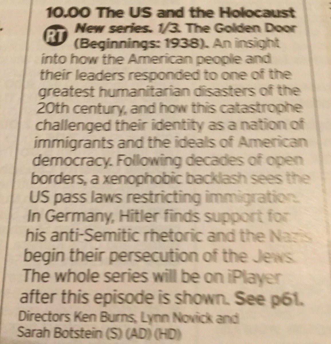 The #KenBurns series on the #AmericanCivilWar was excellent, so I’m definitely tuning in to this at 10pm on BBC4. #TheUSandtheHolocaust #Twitterstorians #TheHolocaust