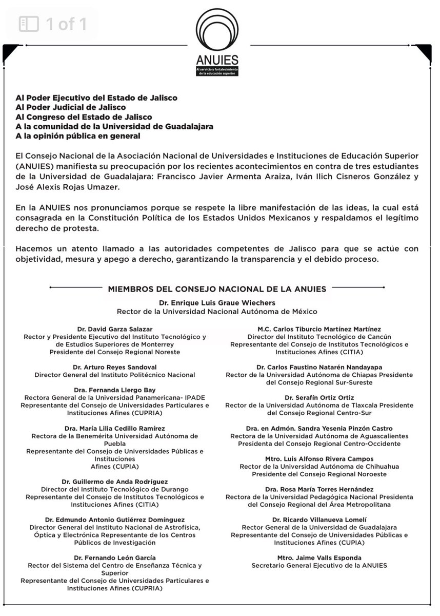carlosivanmoren's tweet photo. Las y los 16 Rectores universitarios que representan el Consejo Nacional de @ANUIES, se manifiestan porque se respete la “libre manifestación de las ideas” y el “legítimo derecho de protesta” en Jalisco.

Libertad para Javier, Iván y José.

#SonEstudiantesNoCriminales https://t.co/WiWrJ9U3oN