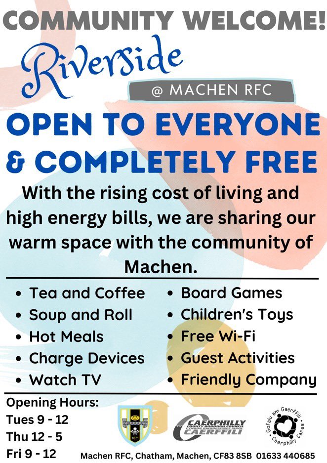 McConAmanda's tweet photo. “Riverside” Welcoming Spaces is coming to #MachenRugbyClub every Tuesday, Thursday &amp; Friday! Starting tomorrow 10/01/2023 #AllWelcome #Free #Community #CCBC #CaerphillyCares @machen_rfc @RfcMachen @MachenYouth @MachenRugby https://t.co/o9ePoii3Qs