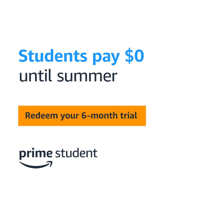 primestudent's tweet photo. University students! Get Amazon Prime for 6 months at no cost and receive 50% off after your trial ends. Join Prime Student today!