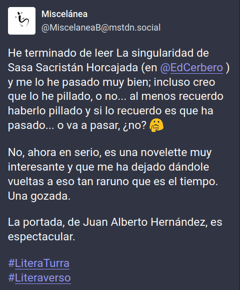 MiscelaneaB's tweet photo. Ay,ay, estos ratitos de lectura que te descolocan para bien son de lo mejorcito que hay en la vida.
Agradecimientos a @SaraHorcajada, @juanalbertohr y @edcerbero. Así da gusto!! https://t.co/VbOVJ6Fmms