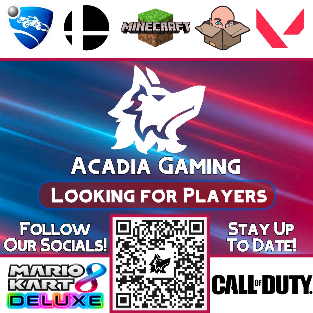 New semester? No problem! Now is the time to get involved with Acadia Gaming if you haven't already. We are putting on a variety of events throughout the next 4 months, and we're very excited to show you what we have to offer. Link to our discord in in our bio, or the QR code!