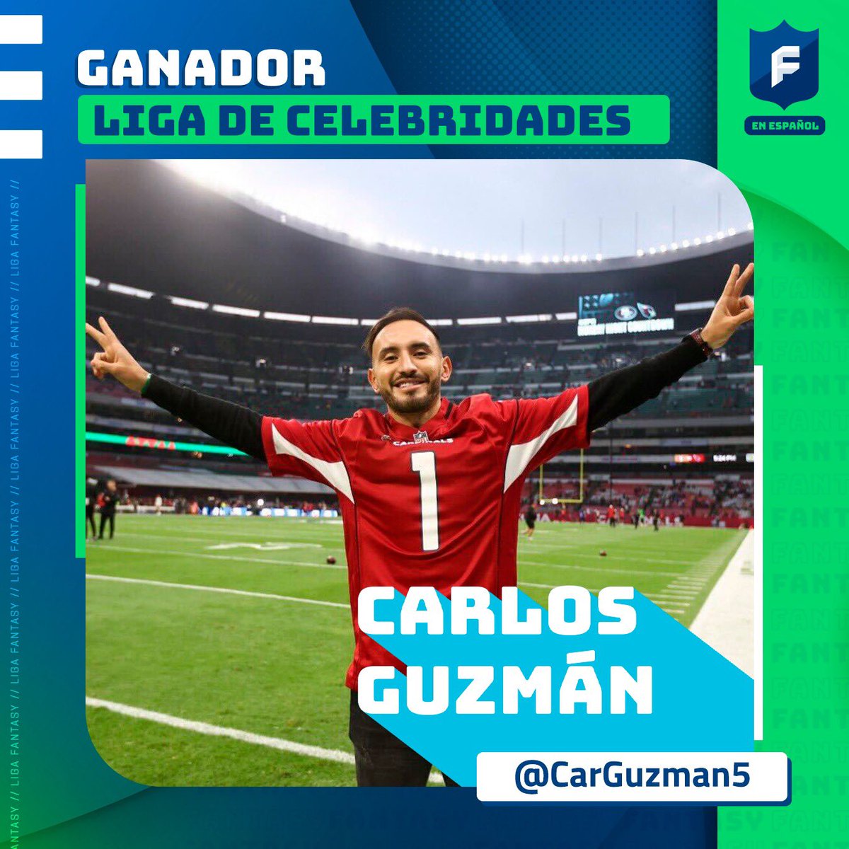 NFLFantasyEsp's tweet photo. ¡Tenemos ganador de la liga de celebridades! 🏅

@CarGuzman5 fue el gran campeón fantasy🏆después de vencer a @giselle_zm en la final 🍾🍾

❤️ Like para felicitar al campeón de las celebridades que ya espera su premio ✈️🏈 😎 

#NFLFantasyEsp https://t.co/fD8ToJyD85