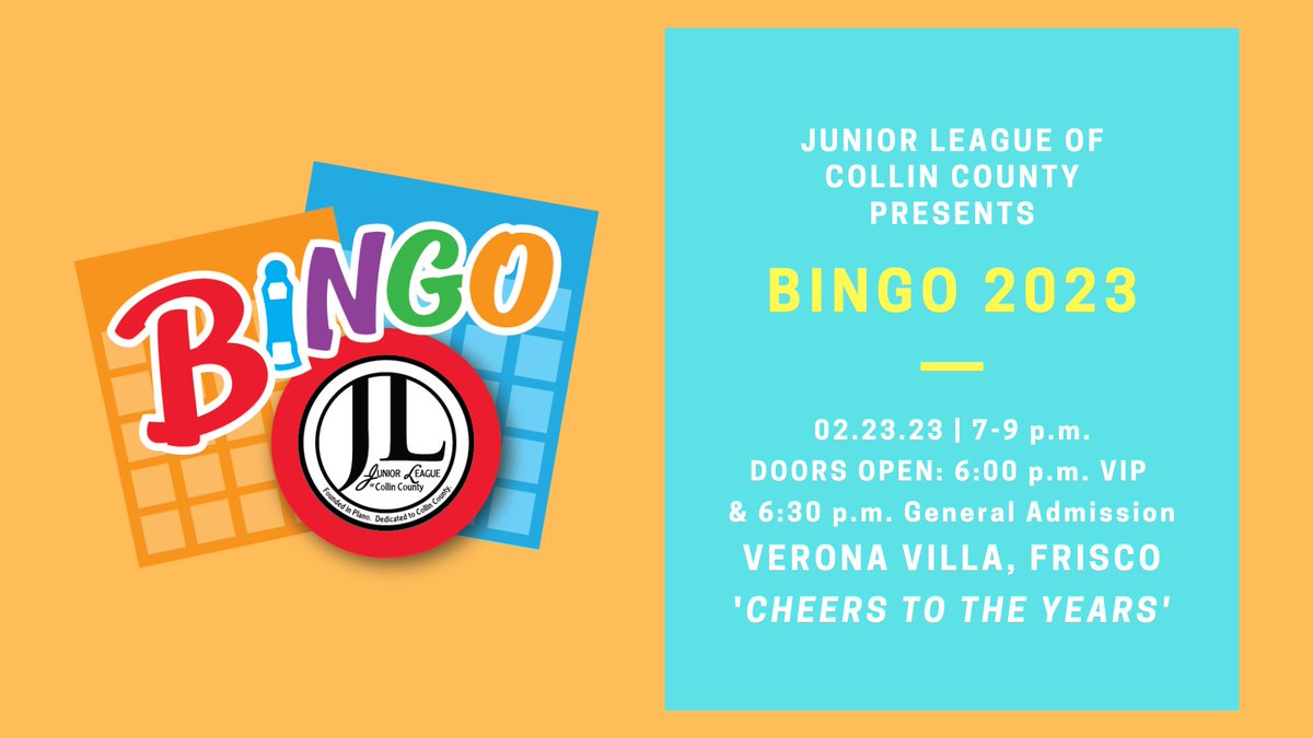 Bingo Tickets On Sale loom.ly/OBQePaE
Our "Cheers to the Years" Bingo event - Thursday, February 23rd, Verona Villa, Frisco.  General admission ticket $50 and VIP tickets are $80 or $800 for a VIP table for 10.
For more information: loom.ly/bHrzLtE
#jlcollincounty