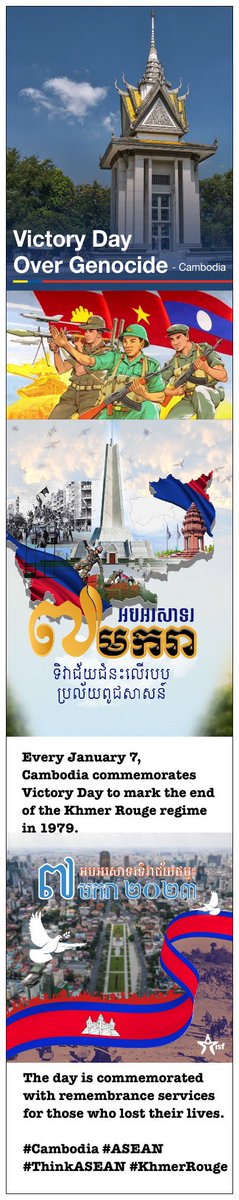 Every January 7, Cambodia 🇰🇭 commemorates #VictoryDay to mark the end of the #KhmerRouge regime in 1979.
The day is commemorated with remembrance services for those who lost their lives.
#Cambodia #Peace 
#ASEAN #ThinkASEAN