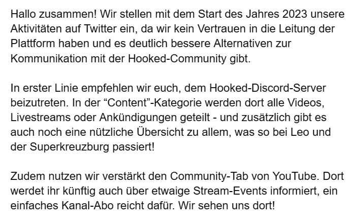 Wir verlassen Twitter! Verpasst weiterhin keine Ankündigungen via

Discord: discord.gg/43s86KM 
&amp;
Youtube: youtube.com/@HookedMagazin…