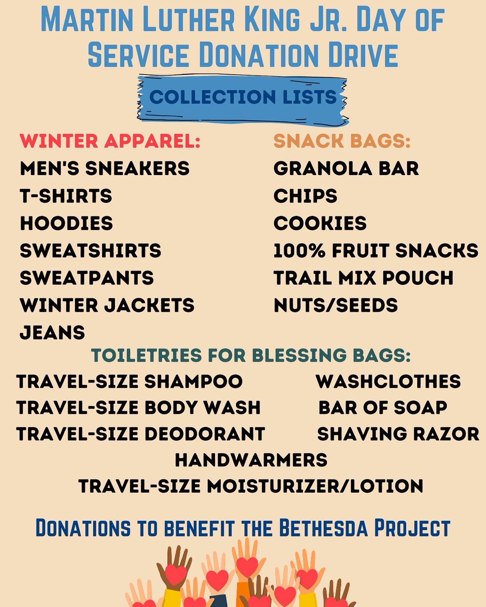 nova_unitas's tweet photo. Celebrating Martin Luther King Jr. by hosting a donation drive where we will collect items to benefit the Bethesda Project! 💙🤍 
We appreciate any and all donations! https://t.co/9o797pmU9I