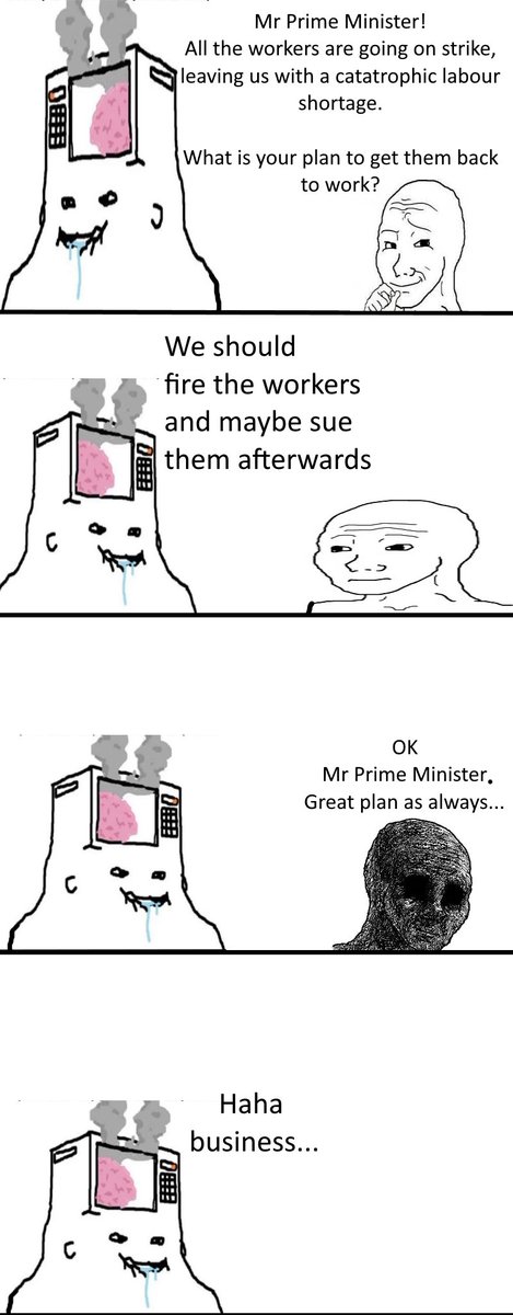 SamuelMIW's tweet image. Found this fun cartoon showcasing Rishi's Genius.

Having no workers for a few days causing a few days disruption to service can apparently be fixed by firing all the workers and disrupting service permanently.

Genius solution.