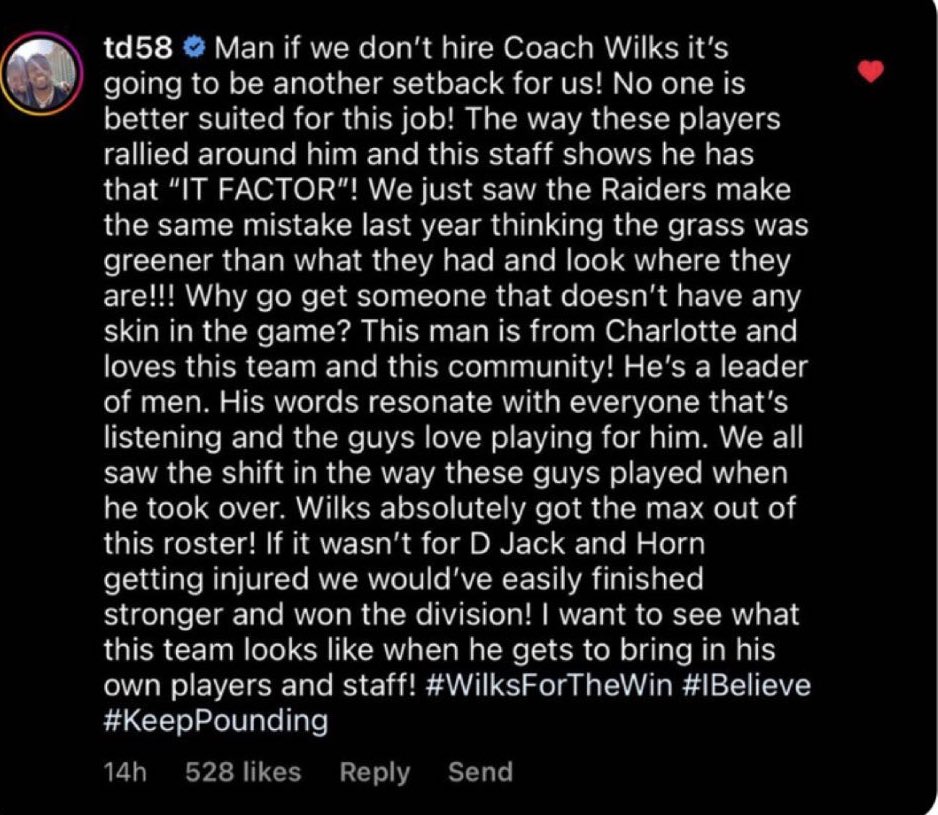 Panthers legend Thomas Davis comes out in STRONG support for Steve Wilks as the Panthers next head coach.