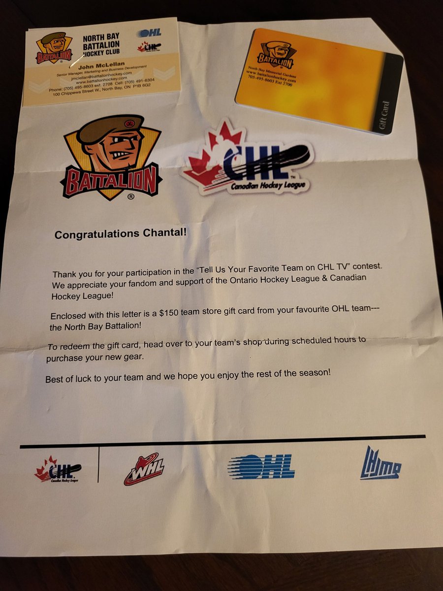 Thank you to @CHLHockey and the @OHLBattalion for the awesome gift card! We will definitely use it to add to our growing Battalion merchandise apparel! Go Troops Go!!! #TroopsXXV