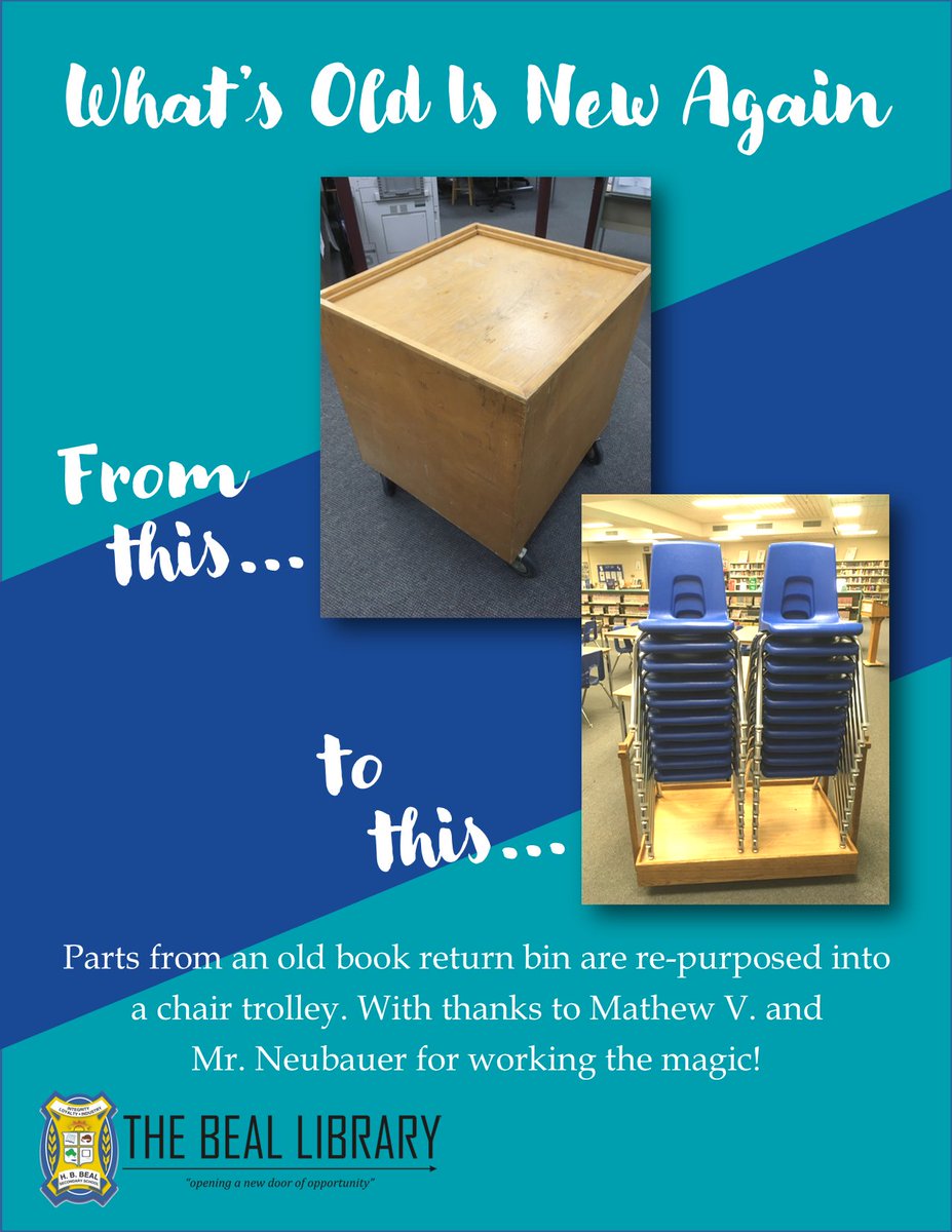 BealLibrary's tweet image. Recycle! Reuse! Parts from an old book return bin are re-purposed into a fantastic chair trolley. With thanks to @HBBeal's Technology Department, Mathew V. and Mr. Neubauer for working the transformative magic! @TVDSB