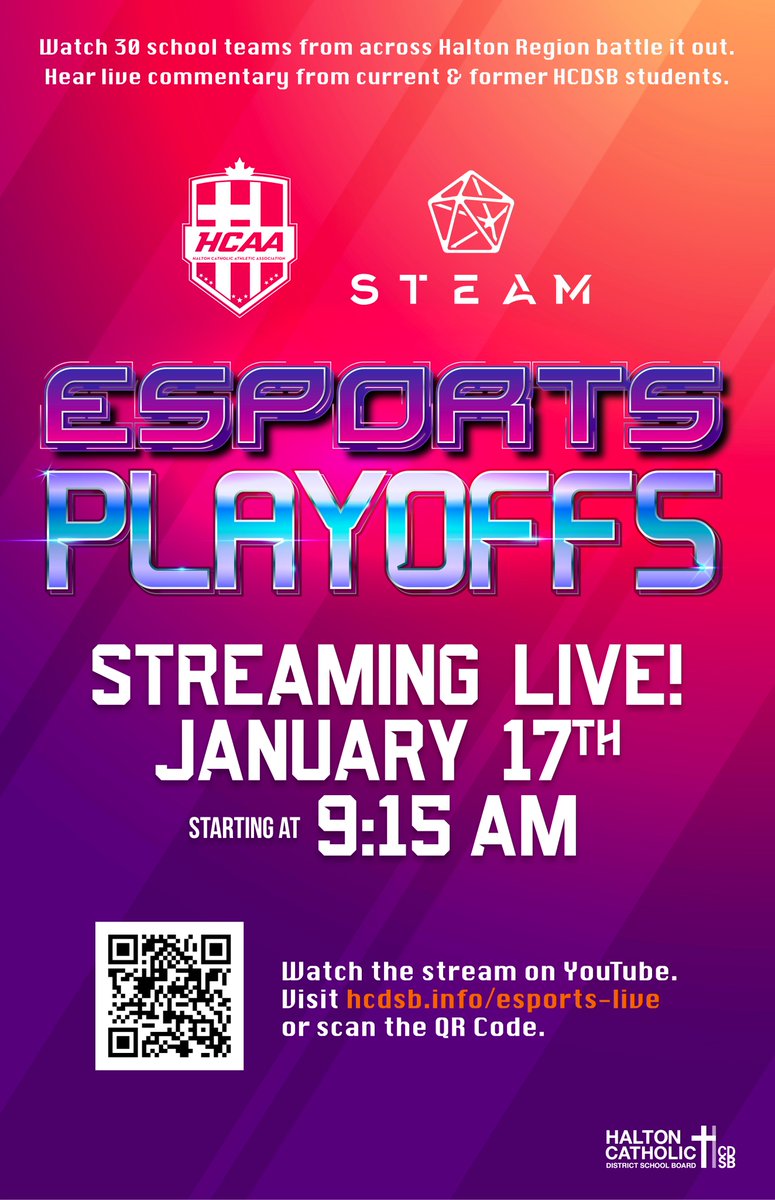 Tune in on January 17th @ 9:15 AM for our rescheduled school Esports Tournament!! YouTube Link: youtu.be/qwSPyaOzWj8 @HCDSB @HCAA2017