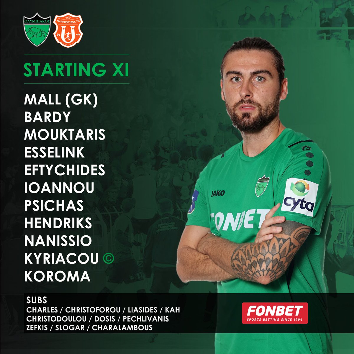 OlympiakosNic's tweet photo. #LineUp | Η ενδεκάδα της ομάδας μας για το ματς κόντρα στην Καρμιώτισσα!
#OlympiakosNicosia #Taktakalas #Matchday #CytaLeague #olykarm https://t.co/0WVDqItV3d
