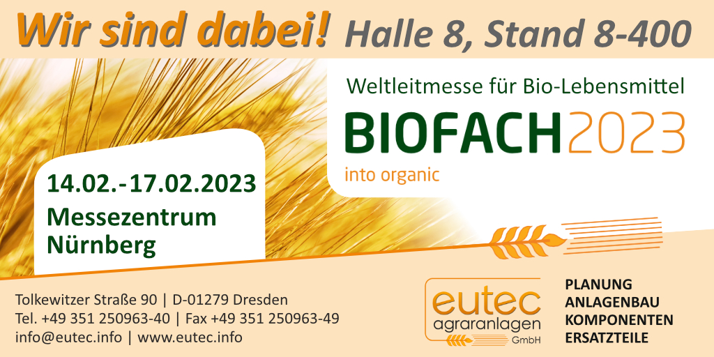eutecgroup's tweet photo. Biofach 2023 - wir sind dabei! Besuchen Sie uns in Halle 8 Stand 8-400 und informieren Sie sich über unsere innovativen Lösung zur Aufbereitung von Biosaaten von @jk_machinery und @FarmetMachinery.
#eutecagrar #germany #jkmachinery #farmet #BIOFACH #pavingthepath https://t.co/Wo4ZxQhgrX