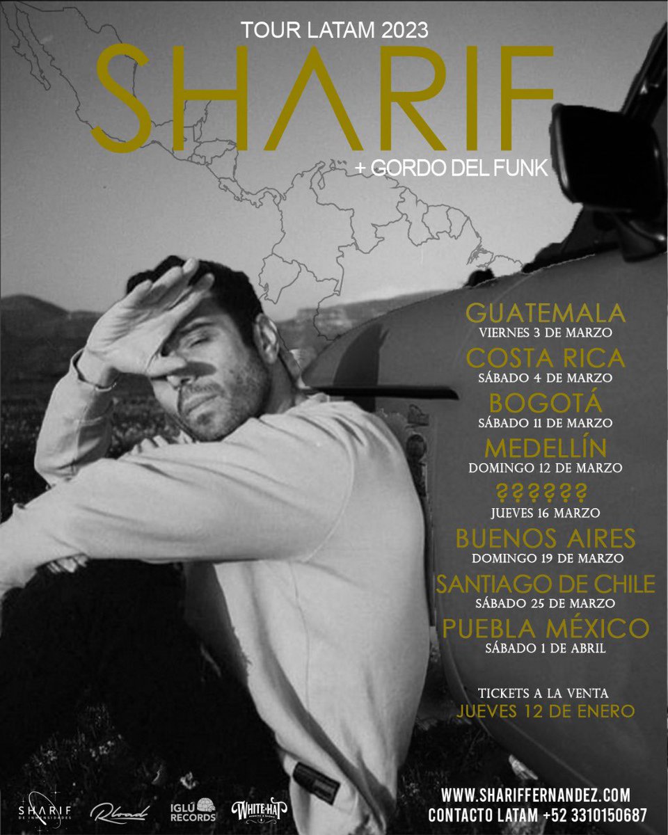 Familia, pocas cosas me hacen tanta ilusión como anunciar esta gira por latam.

Va a ser mi primera vez en muchos países con los que llevo años soñando ir a tocar.

El jueves saldrán las entradas en mi web: shariffernandez.com
Hasta entonces les beso.

#SharifTourLatam2023