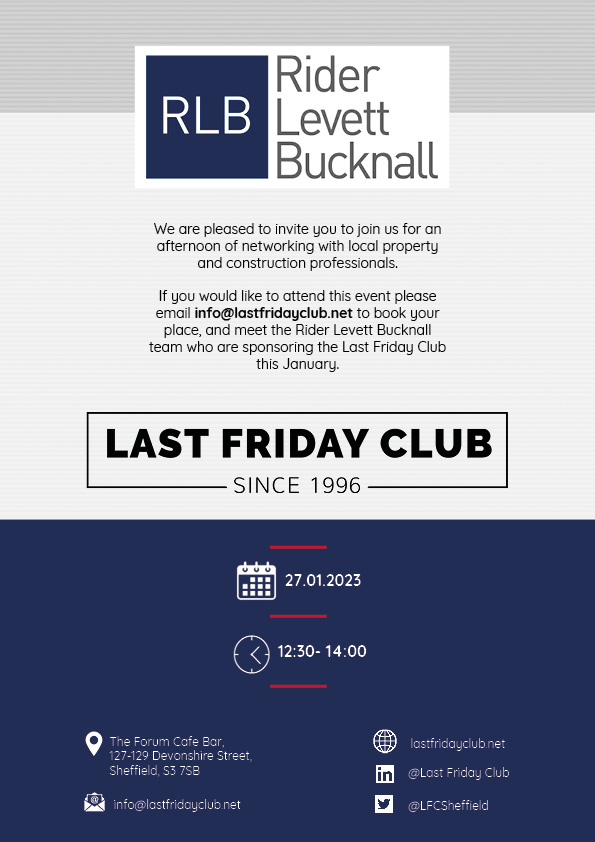 LFCSheffield's tweet photo. 2⃣0⃣2⃣3⃣ 

We are looking forward to the Last Friday Club returning this month which will be sponsored by @rlbamericas.🍺

📅 27th January
🚩 @ForumSheffield
 ⏲️ 12:30 - 14:00 

Please email info@lastfridayclub.net to book your place for the event. 📧 

#property #construction https://t.co/8Xpb5Eo02P