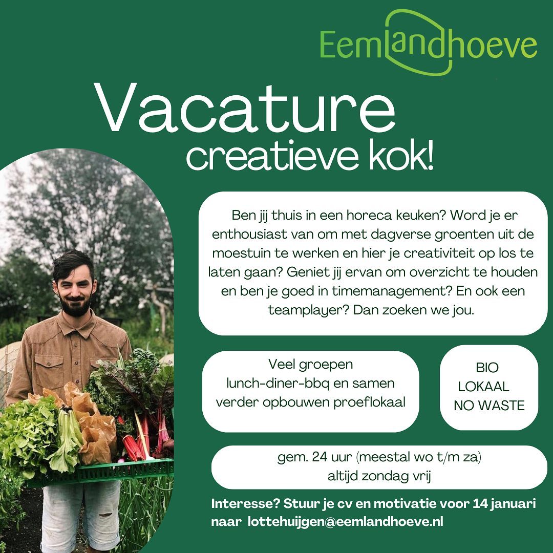 WIJ ZOEKEN NIEUWE COLLEGA’S! 
We gaan lekker en daarom hebben wij meer mensen nodig die helpen, zodat we door kunnen met meer mensen kennis te laten maken met duurzaam en lokaal voedsel.🍓🥕🥦🌽🍴
Meer informatie op eemlandhoeve.nl/werken-bij of neem contact op met Lotte!