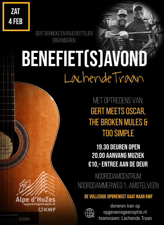Zaterdagavond 4 februari organiseren Gert Bohncke (medeorganisator van Rock Urbanus en o.a. zanger van de band Too Simple) en Ruud Bottelier in het <a href="/noorddamcentrum/">Noorddamcentrum</a> een benefiet(s)avond waarvan de opbrengst volledig gaat naar Alpe d’Huzes 2023 waaraan de beide heren deelnemen.