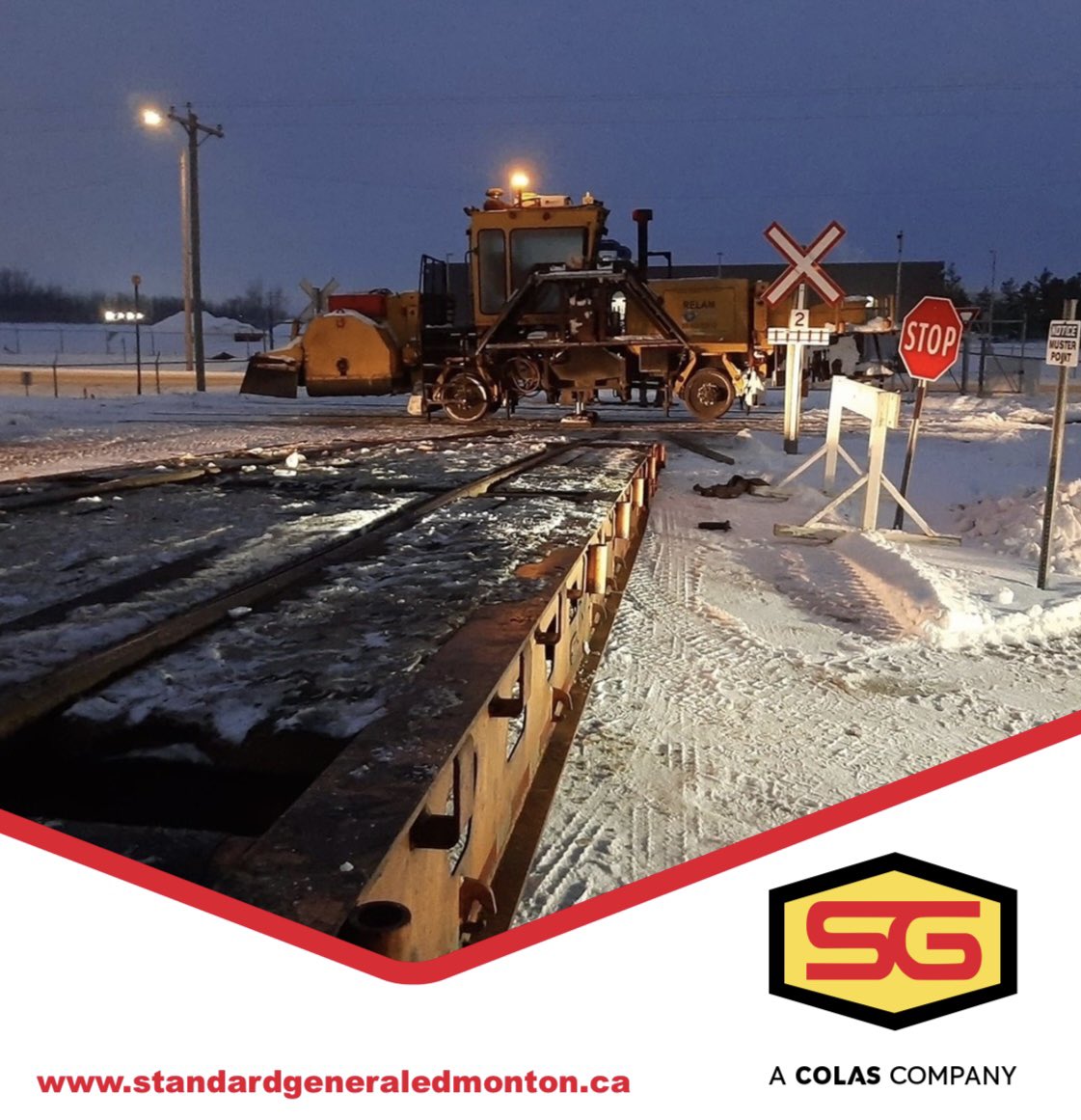 SGEdmonton's tweet photo. Clearing snow off the tracks in Acheson. Keeping our gravel trains moving safely.
#standardgeneral #YEG #edmontonconstruction #raillines #keepitclean #skilledtrades #winterready #trains #acheson https://t.co/Zz9dv97YX7
