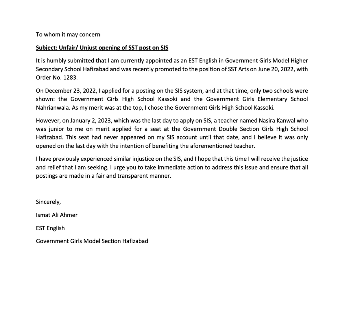 Hussainali0719's tweet photo. @ChParvezElahi @DrMuradPTI @RanaAbd15485105 
Sir, my mother is facing injustice in the matter of appointment through SIS. I would very much appreciate if you can look into this matter and help us. I am attaching the application for your reference. https://t.co/Un3QnIwg3T