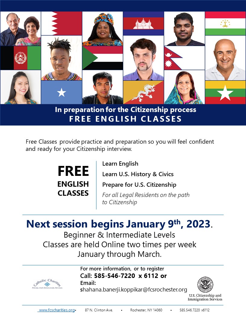 fcscharities's tweet image. Free English classes!  Now through March, the Immigration Services Dept at CCFCS is offering online English classes in preparation for U.S. Citizenship.  For more information, call 585-546-7220 x 6112 or email shahana.banerji.koppikar@fcsrochester.org  #esl #pathtocitizenship