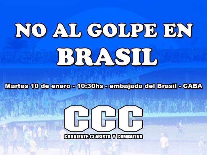 CccNacional's tweet photo. NO AL GOLPE EN BRASIL

Desde la CCC repudiamos firmemente el ataque a las libertades democráticas ocurridas en la republica hermana del Brasil, que son la expresión de se sector reaccionario de la derecha...

Ver más ⬇️
https://t.co/I31cBRIkVo https://t.co/7B8iaERpCY